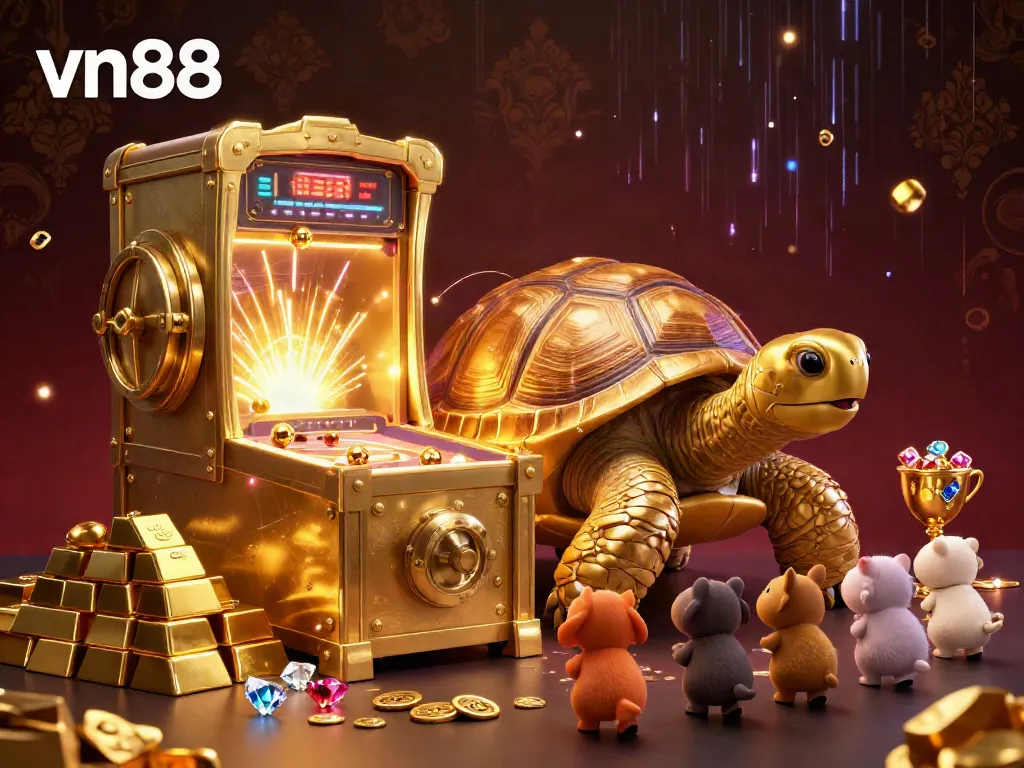 Experience winning excitement at vn88 with a dynamic scene featuring a golden tortoise pinball machine and treasure elements.