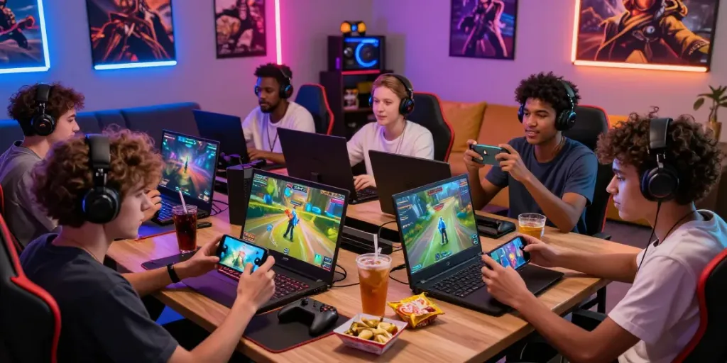 Para gamer asyik bermain menang66 di ruangan gaming yang ceria.