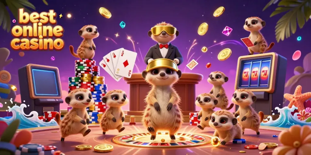 Engaging view of the best online casino featuring cheerful meerkats running games and rewards.