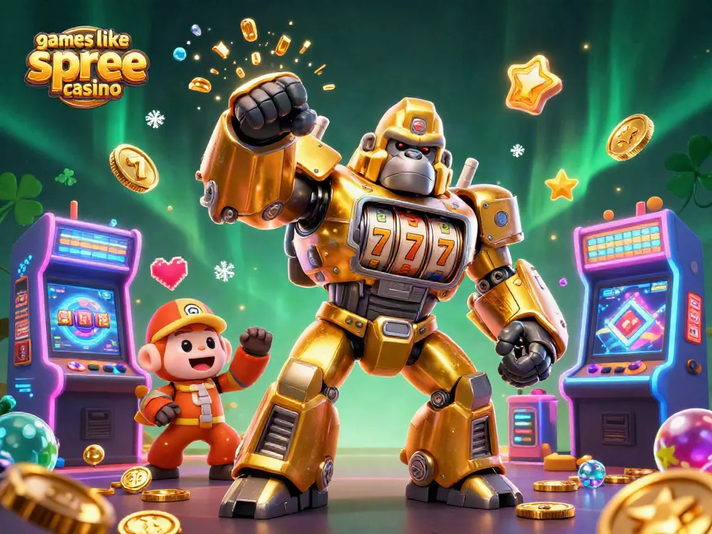 Engage with games like spree casino through an exciting illustration of a gorilla mech and arcade gaming elements.