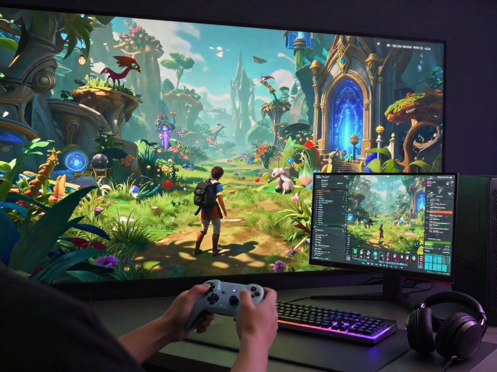 Character exploring a fantasy landscape in a porn game world, engaging with vibrant creatures and glowing portals.