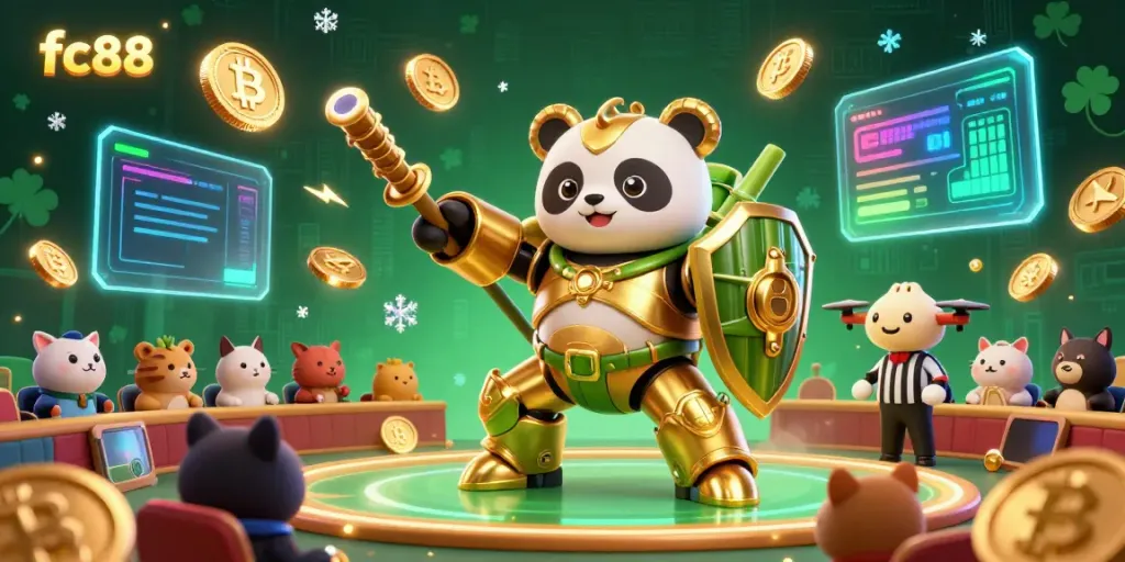 Engage in thrilling games at fc88 where a golden panda pilots a robotic fighter in a bustling casino.