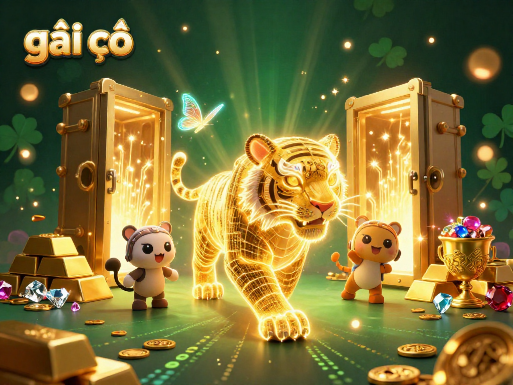 Engaging scene of gái gọi in a vibrant digital casino with golden treasures and light bursts.