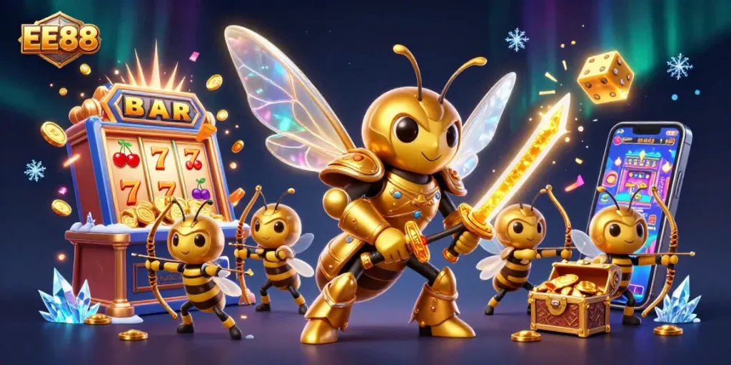 Experience the excitement of EE88 with a dynamic 3D casino illustration showcasing vibrant games and characters.