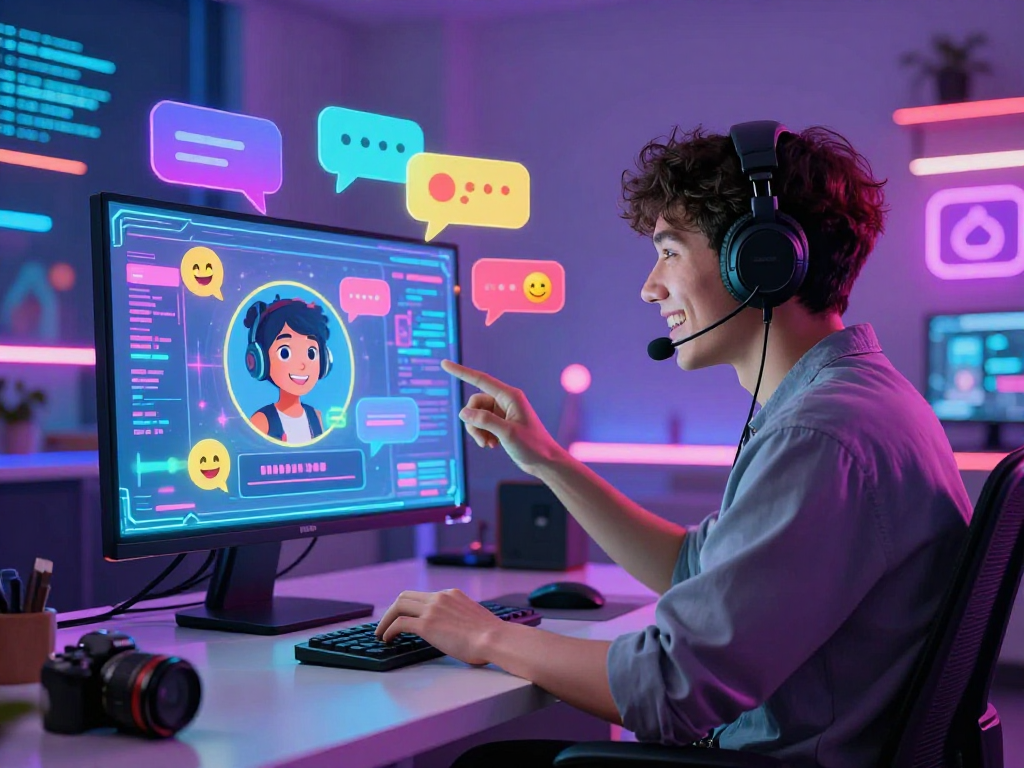 Engaging in a spicy chat session with holographic visuals and bright colors.