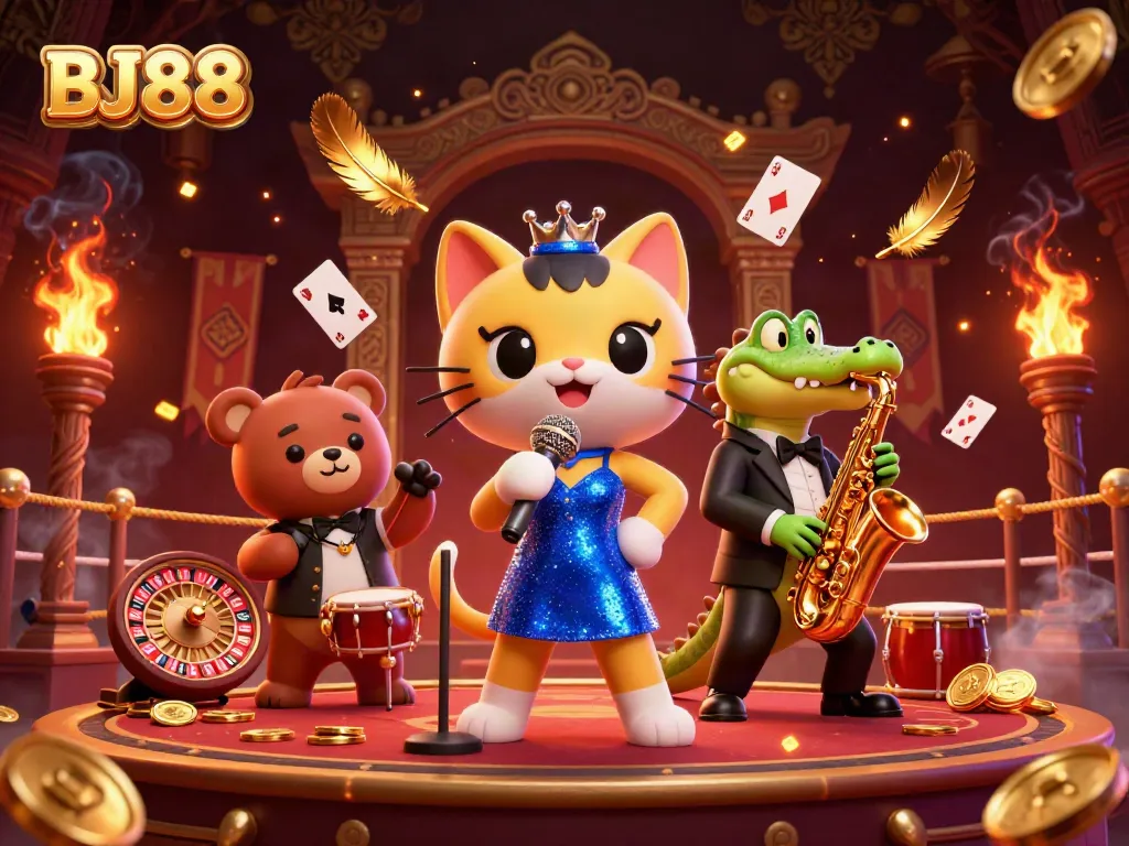 Experience BJ88's vibrant casino scene with a lively jazz cat, sax-playing crocodile, and drum bear amidst dynamic game elements.