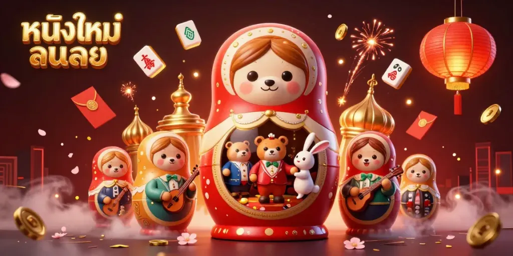 Showcase the fun of การเล่นสล็อต with the vibrant 3D illustration of a Matryoshka bear revealing smaller bears and casino elements.