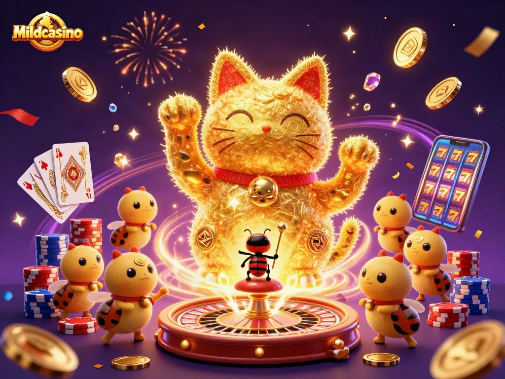 Experience the excitement of Mildcasino with a giant lucky cat, glowing coins, and dynamic casino scenes.