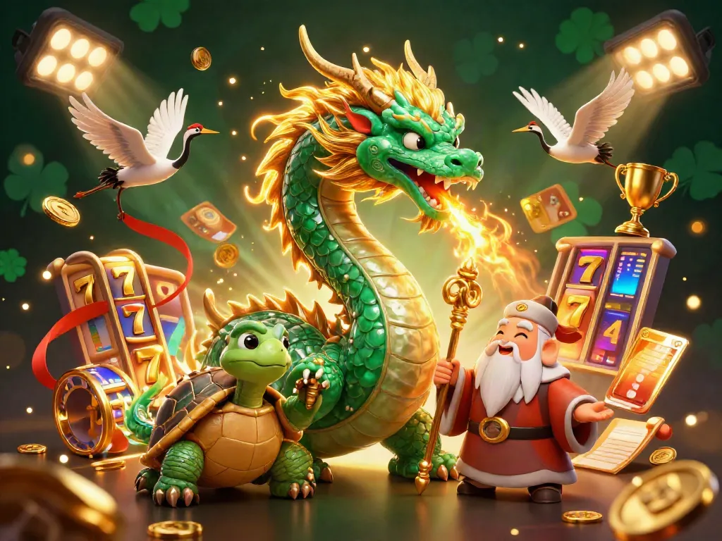 Experience the thrill with безанкор, featuring a jade dragon, turtle sage, and lucky cranes in a vibrant casino scene.