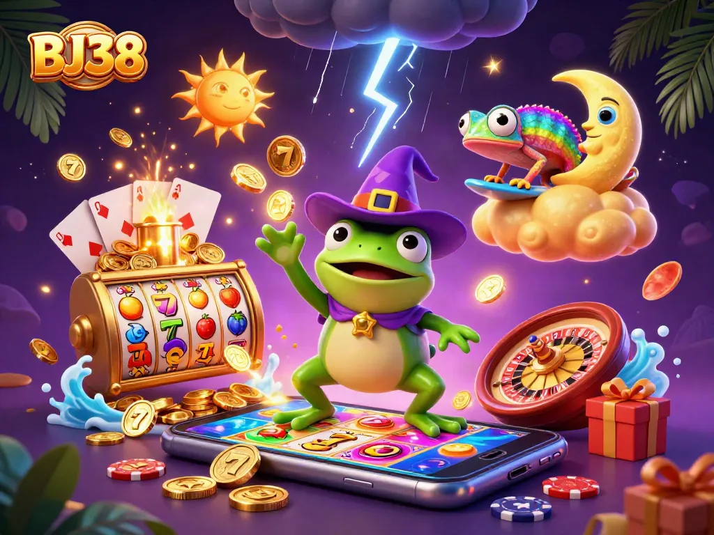 Spin to win with BJ38's exciting gaming elements and magical characters in a vibrant scene.