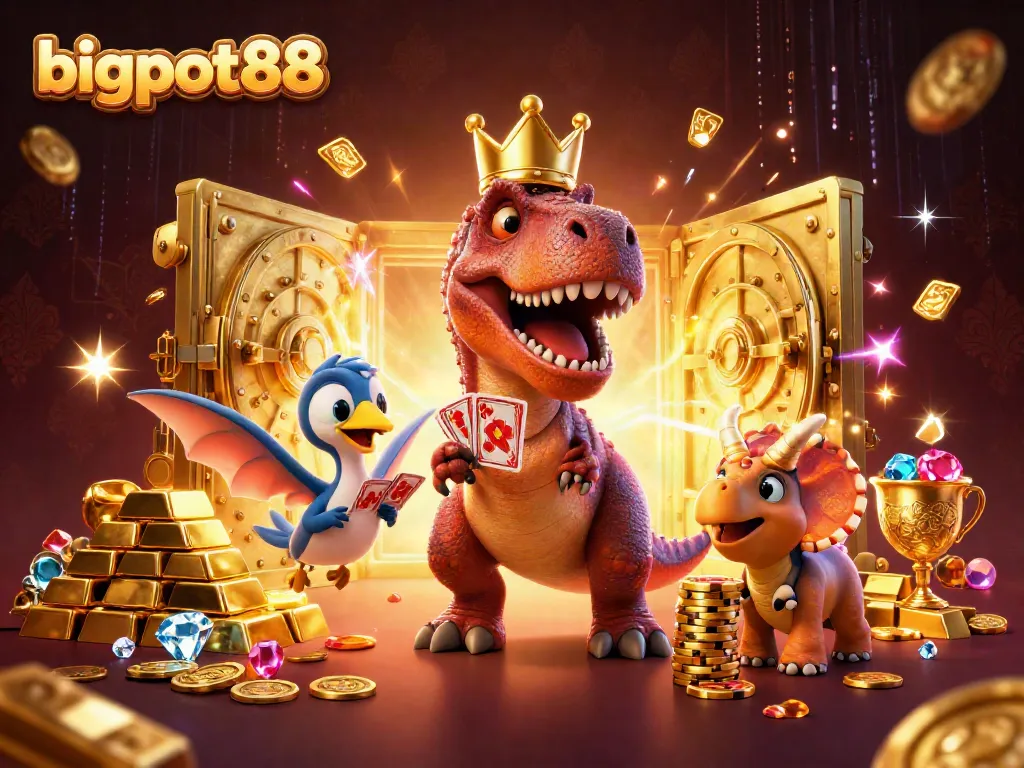 Gali kesenangan dengan bigpot88 saat dinosaurus bermain kartu dan menumpuk chip emas.
