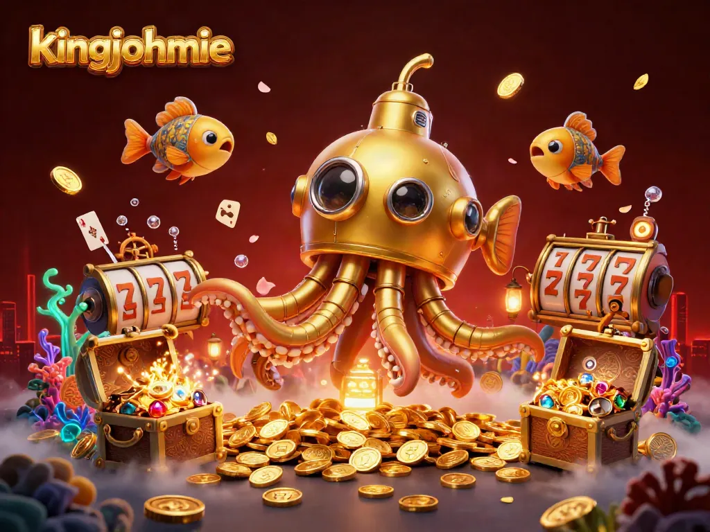 Experience the thrilling gameplay at kingjohnnie, featuring vibrant slot reels and jackpot counters amidst a rich treasure-laden scene.