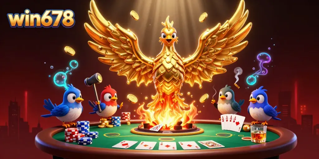 Engage with thrilling gameplay at win678 featuring a molten golden phoenix amidst poker action.