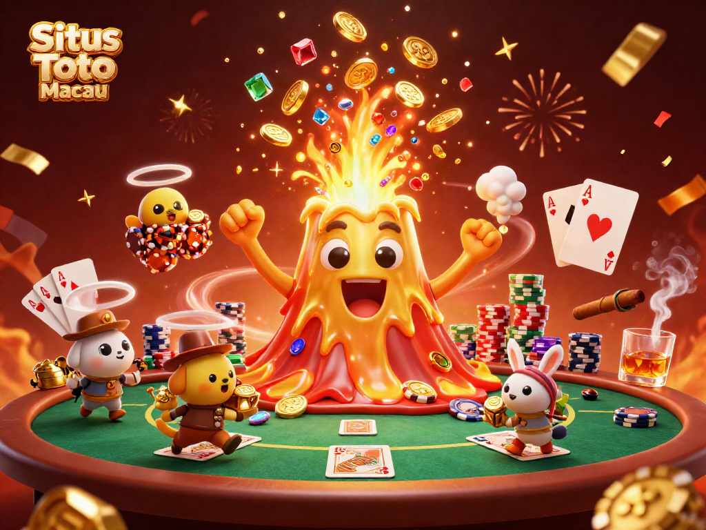 Situs Toto Macau showcases a vibrant 3D illustration of a triumphant golden volcano amidst poker elements.