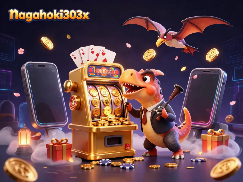 NAGAHOKI303x beraksi dengan mesin slot jackpot, manajer kasino penuh stres, dan koin emas terbang aktif.