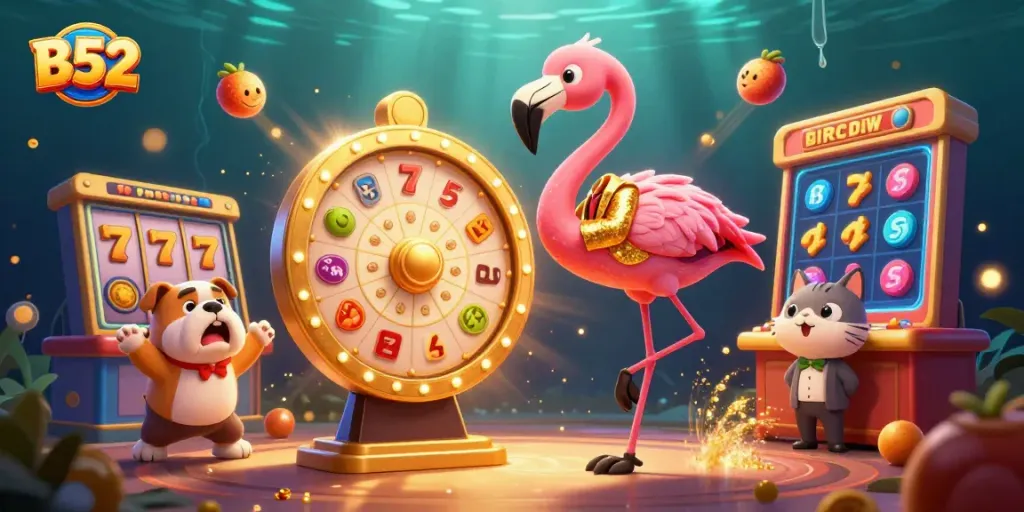 B52 delivers thrilling slot action in an energetic game show scene with vibrant characters and rich casino elements.
