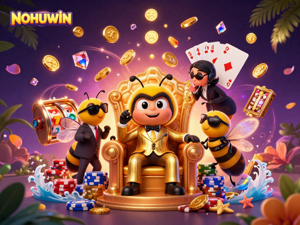 Experience NOHUWIN's exciting slot games with the mob boss in a dazzling casino setting.