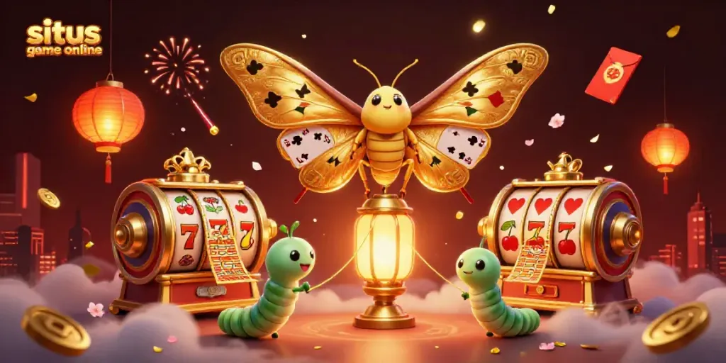 Engage with situs game online using exciting slot machines and vibrant casino elements in a stunning illustrated scene.