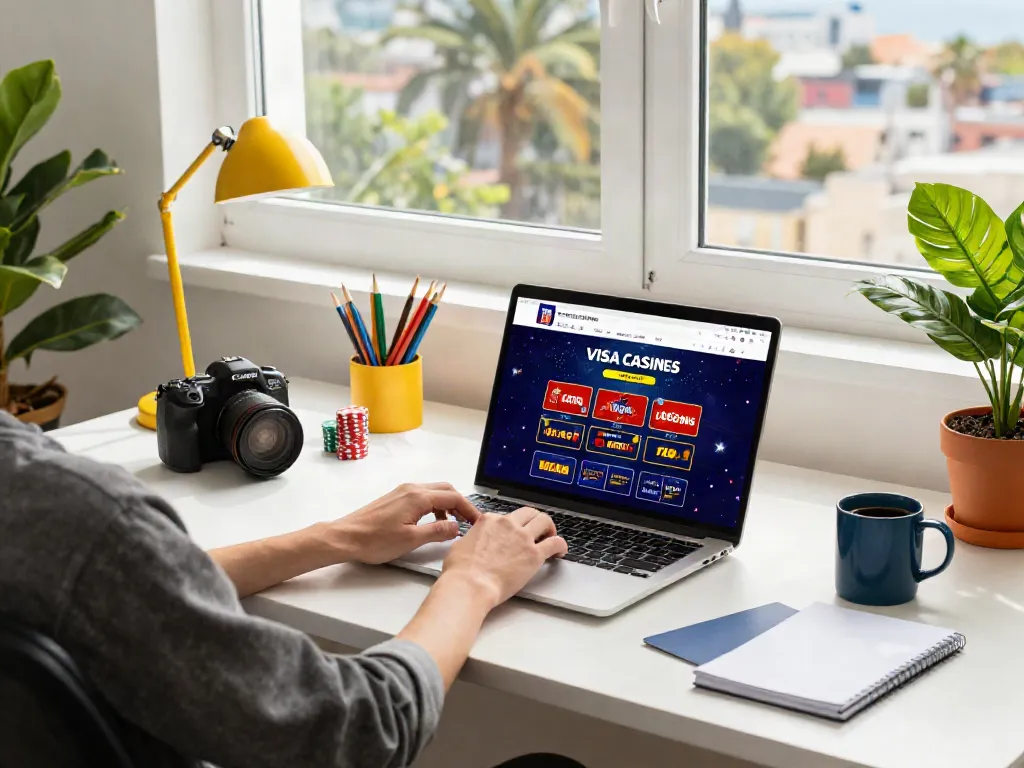 Explore the best visa casinos at a home workspace with vibrant gaming decor.