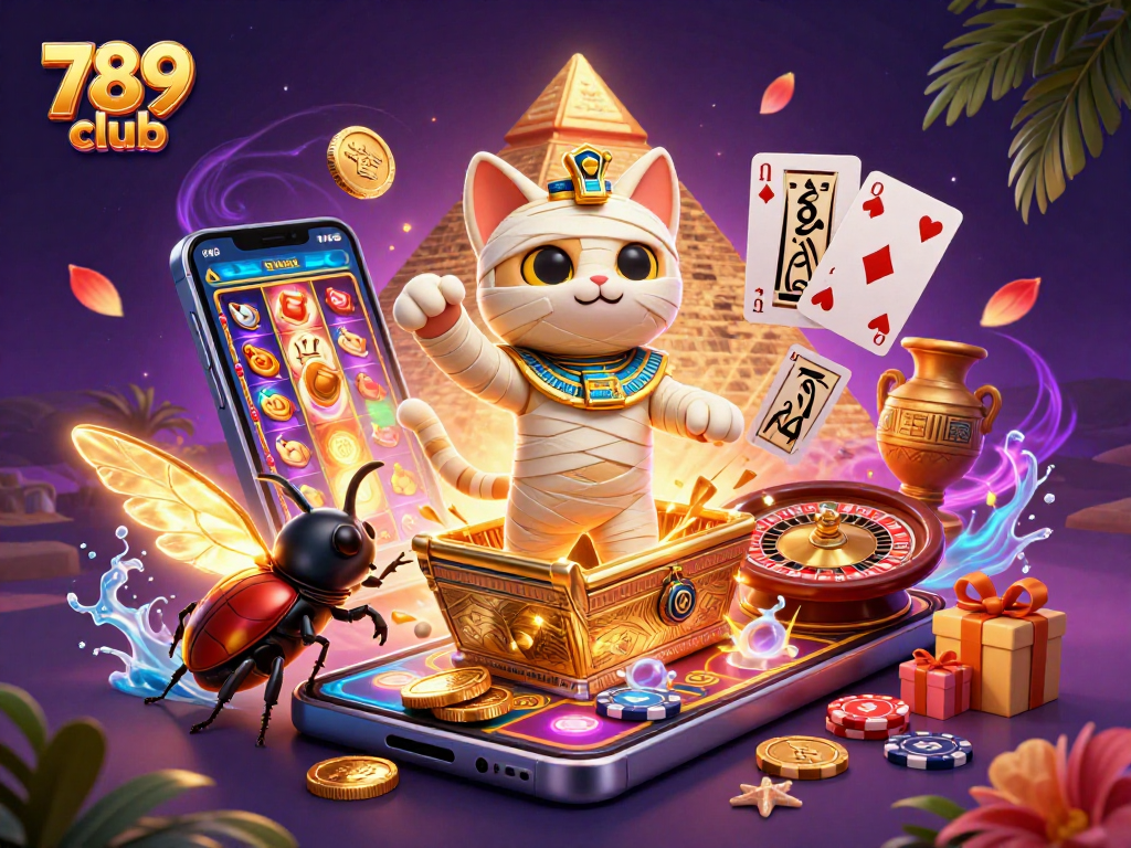 Discover exciting wins and gameplay at 789 club with a 3D scene of a mummy cat and thrilling casino elements.