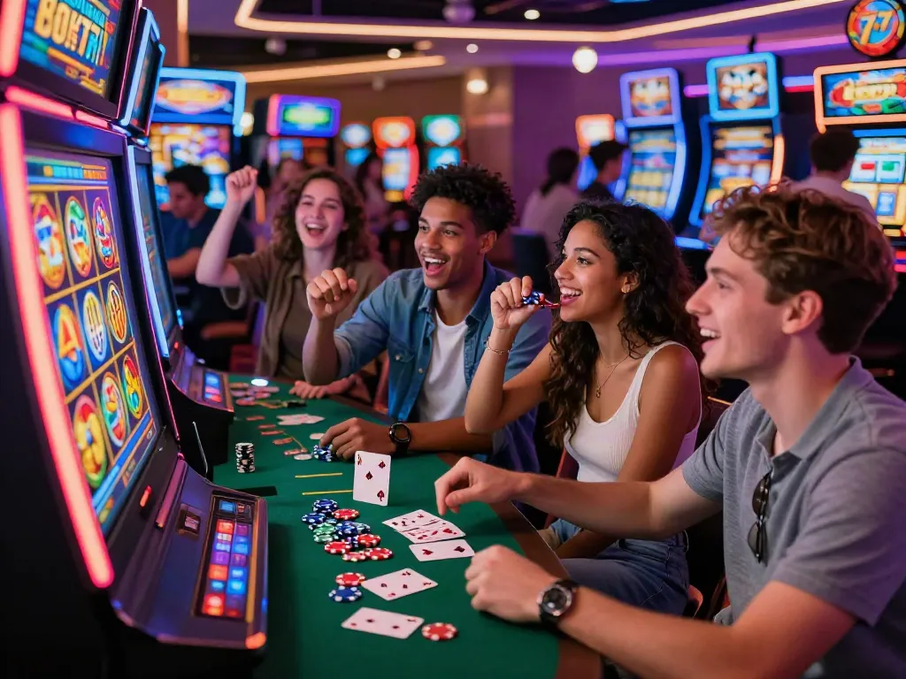 Exciting group of friends playing Lucky777 slot machine in a vibrant casino atmosphere with neon lights.