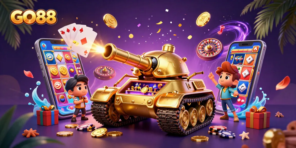 Experience the fun at GO88 with a vibrant 3D casino scene packed with thrilling gaming elements.