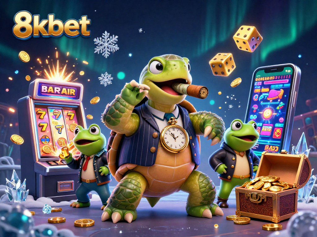 Engage with the exciting world of 8kbet as a buzzing turtle and bullfrogs celebrate a casino jackpot.