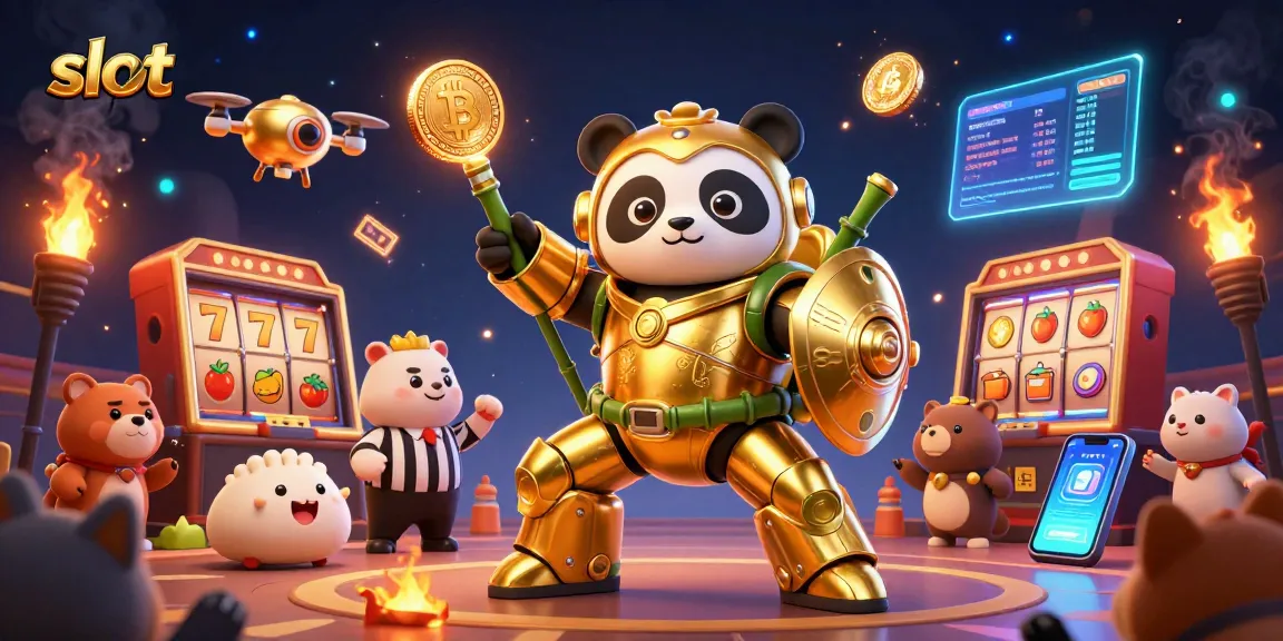 Mesin slot menampilkan panda emas dalam kostum mech yang beraksi di arena dengan simbol keberuntungan.