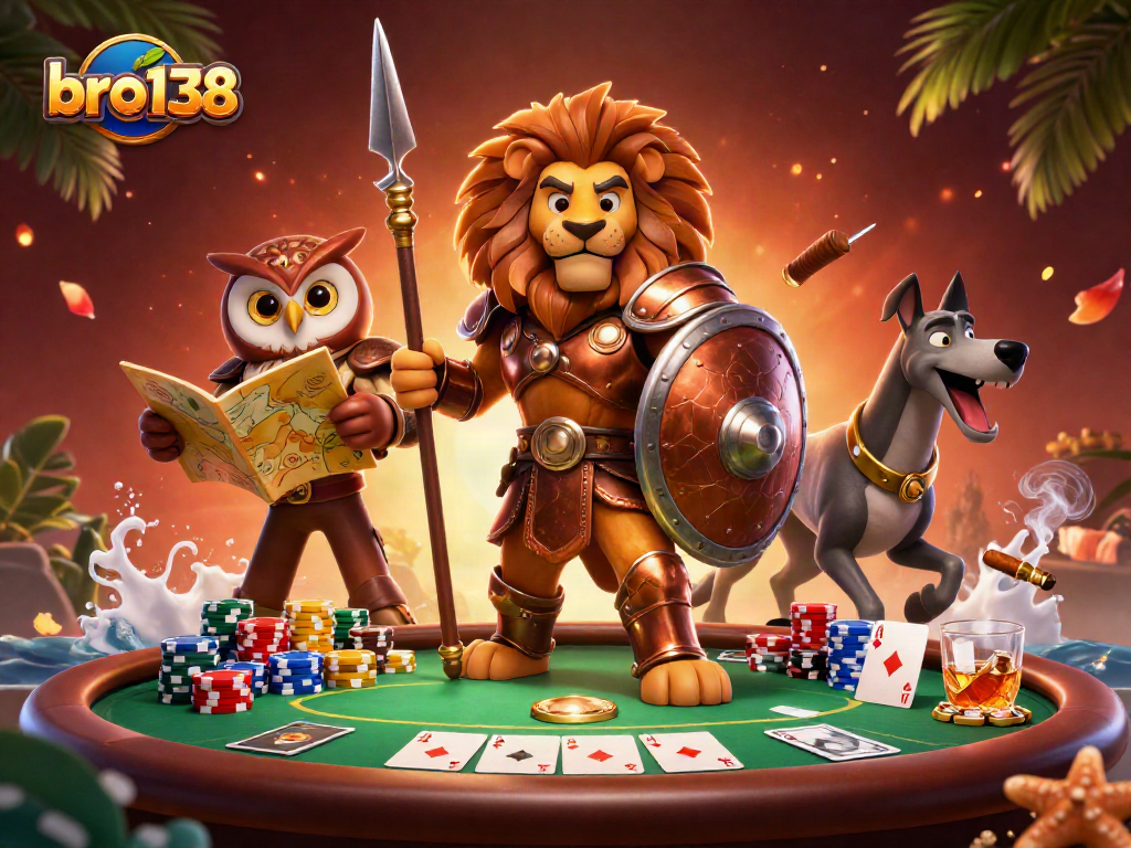 Engage in dynamic poker action with bro138 and characters amidst vibrant casino elements.