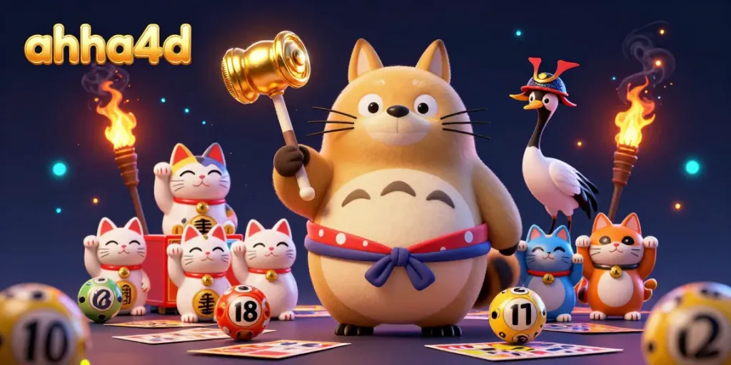 Engaging scene showcasing ahha4d with cheerful tanuki and lottery elements in a captivating design.