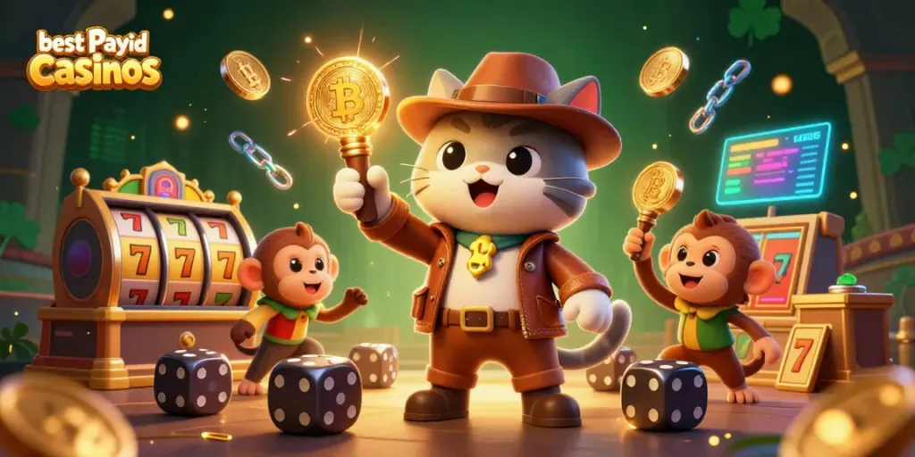 Explore the best payid casinos with cartoon archaeologist cat discovering golden artifacts.