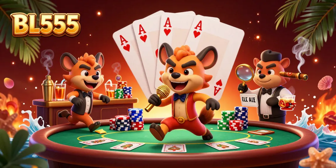 Engage at BL555 with lively hyenas in a dynamic casino setting, showcasing poker and cocktail action.