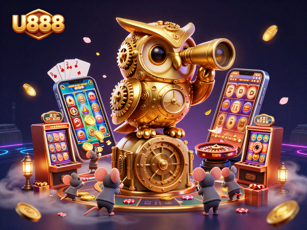 Experience U888's vibrant casino scene with a golden owl and miniature characters amidst dynamic games.