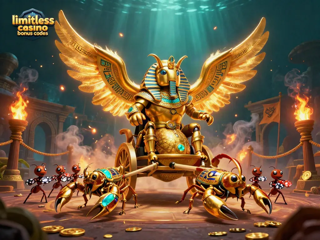 Engage with limitless casino bonus codes as golden scarabs and scorpions embody gaming excitement and luck.