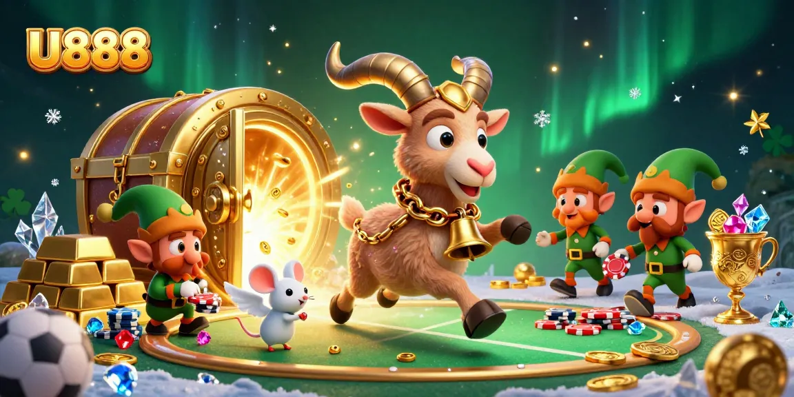 U888 sports betting scene with cartoon characters in a festive casino atmosphere.