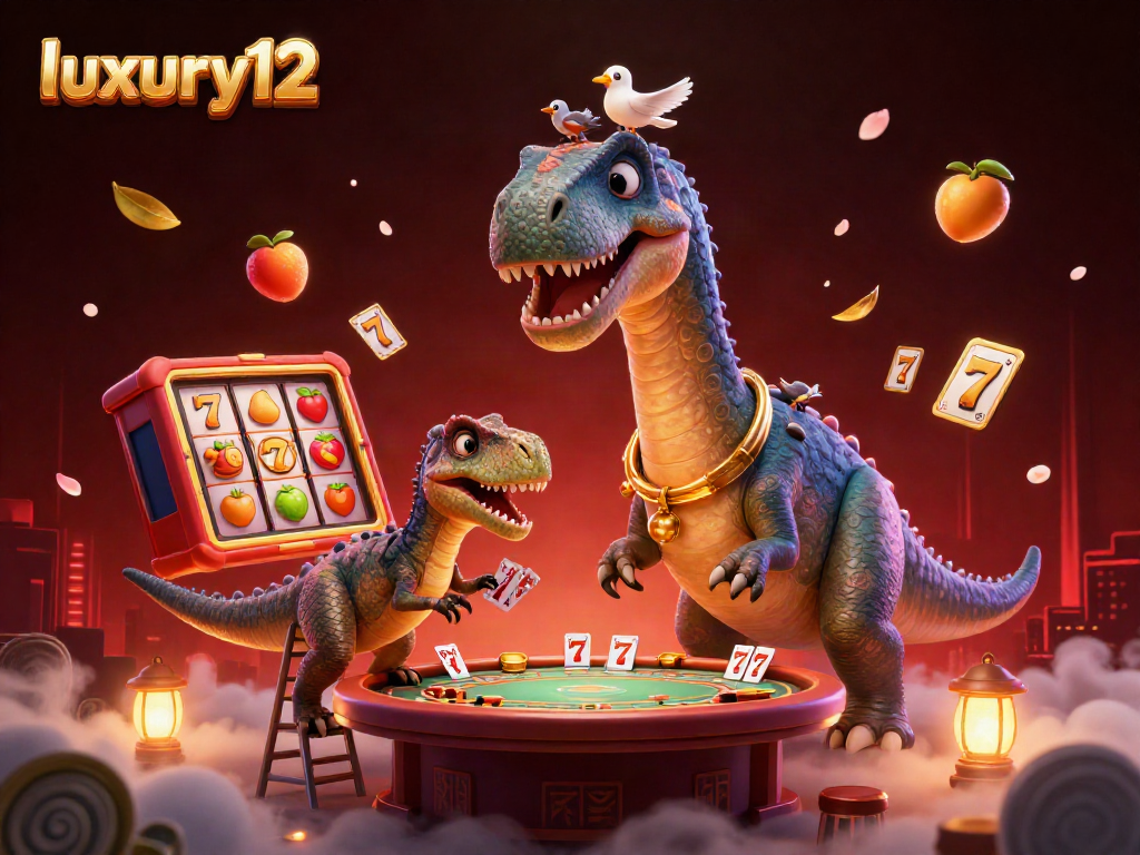 Experience luxury12 with a vibrant scene of a brontosaurus at a casino table dealing cards.