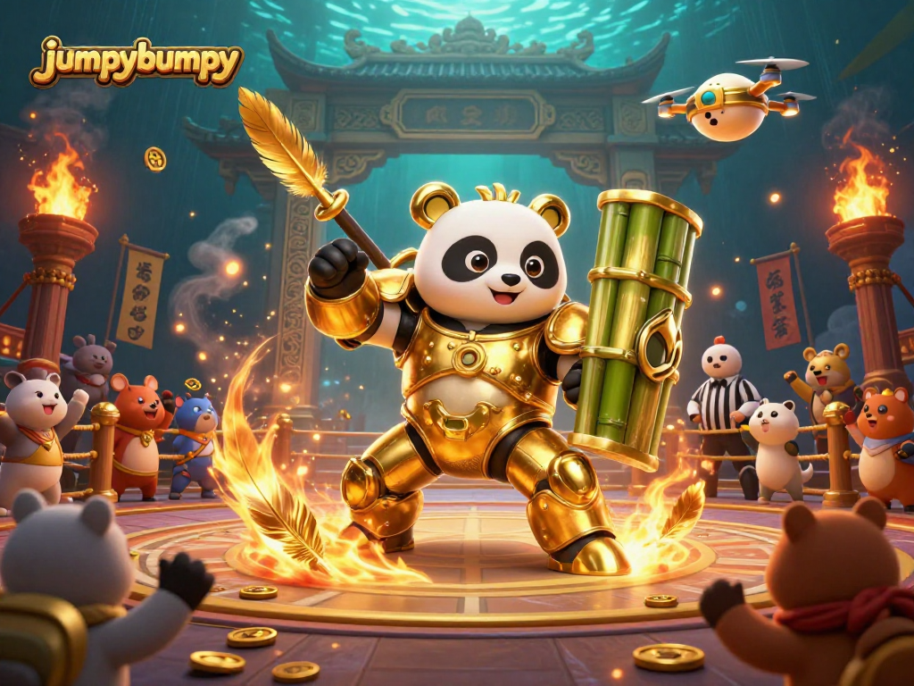 Engaging jumpybumpy illustration with a golden panda in a casino arena amidst vibrant gaming action.
