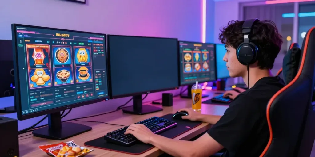 Player engaging with slot server Thailand games in a vibrant home gaming setup.