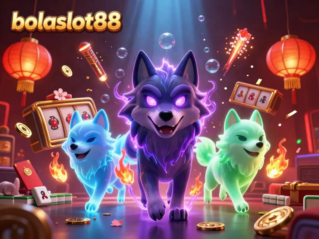 Engage with bolaslot88 in this vibrant 3D casino scene featuring ghostly wolves and dynamic game elements.