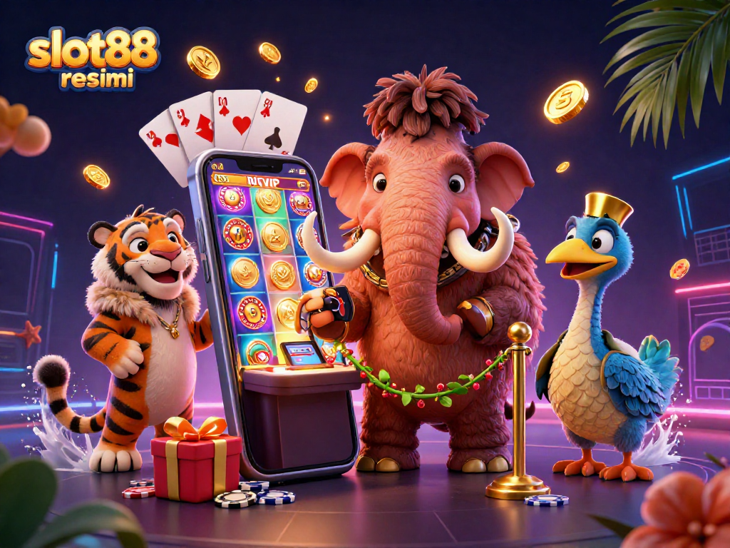Experience the excitement of slot88 resmi with a vibrant casino scene featuring unique characters and dynamic gaming elements.