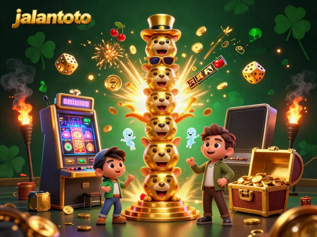 Rasakan keseruan bermain di jalantoto dengan slot jackpot, simbol keberuntungan, dan totem 3D ceria.