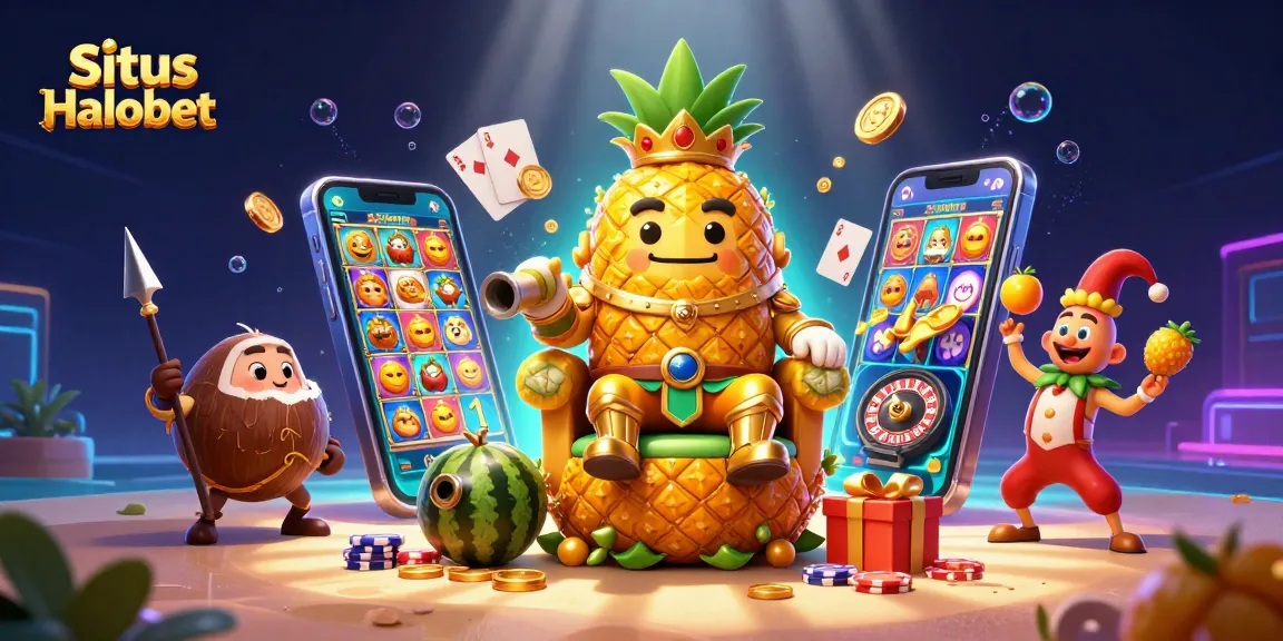 Situs Halobet showcases vibrant casino elements with a golden pineapple king amidst thrilling games and excitement.
