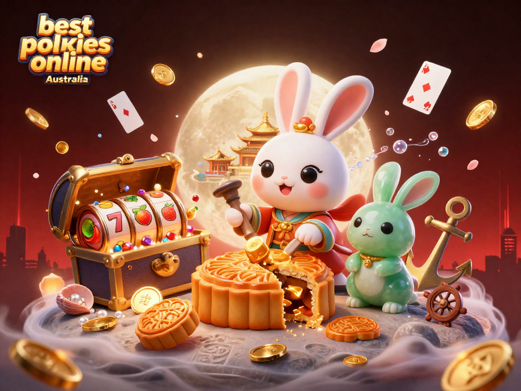 Experience the thrill of the best pokies online Australia with a whimsical 3D illustration featuring moon rabbits and casino elements.