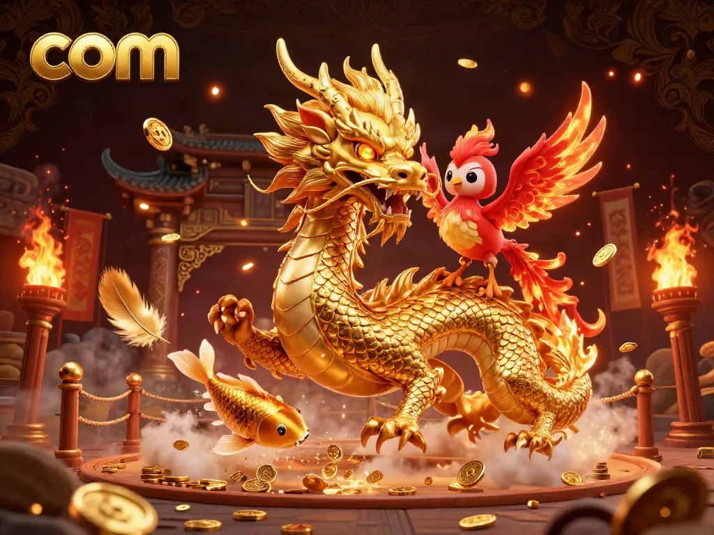 Engage in thrilling online gaming at com with a vibrant scene combining dragons, phoenixes, and rich casino elements.
