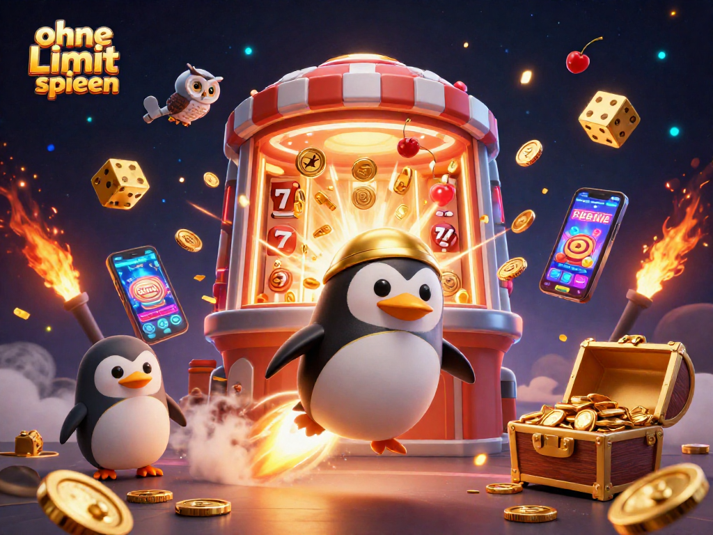 Engage with ohne Limit spielen through a vibrant 3D casino illustration featuring gaming elements and a golden penguin.