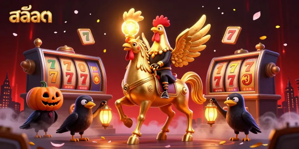 Experience thrilling slot action with สล็อต in a vibrant casino scene featuring a golden rooster and pumpkin-headed companions.