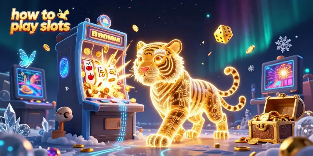 Engaging illustration showing how to play slots, featuring animated reels, vibrant symbols, and casino ambiance.