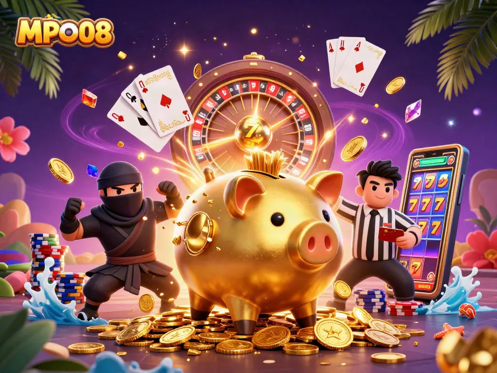 MPO08 showcases an energetic scene with a golden piggy bank wrestler and dynamic casino themes.