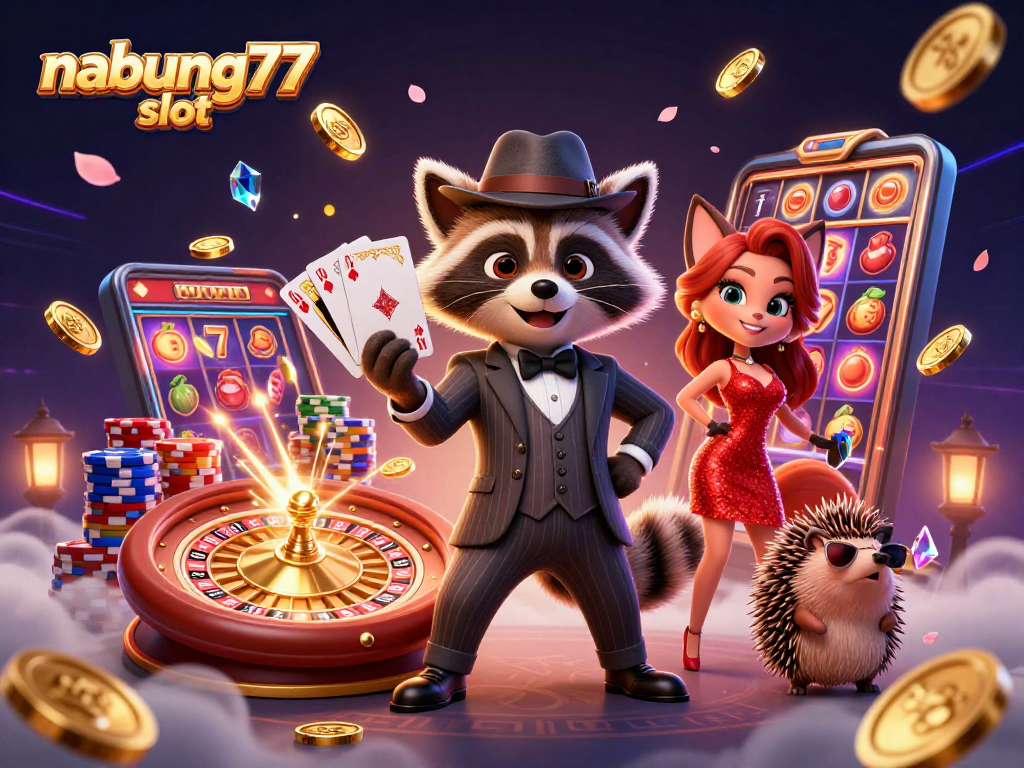 Engage with nabung77 slot in this vibrant 3D casino scene featuring a suave raccoon, a glamorous fox, and a bouncer hedgehog.