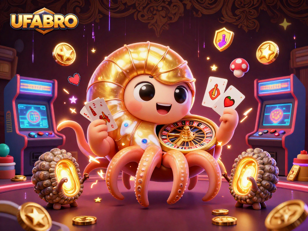 UFABRO offers a vibrant casino experience featuring an ancient nautilus roulette and glowing arcade machines.